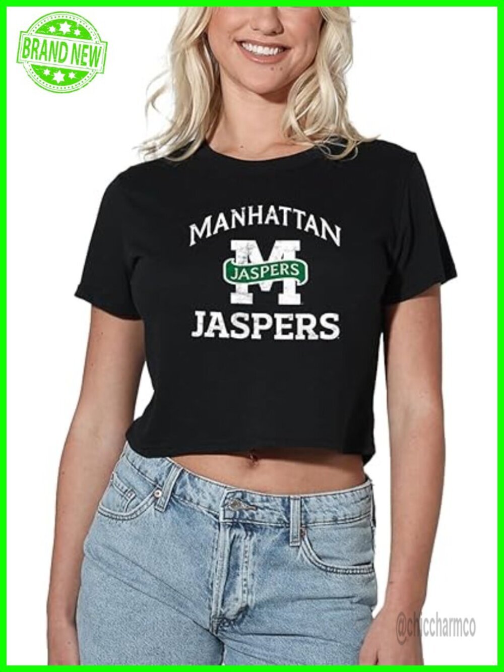 Distressed Collegiate Crop Top T-Shirt Cotton Blend